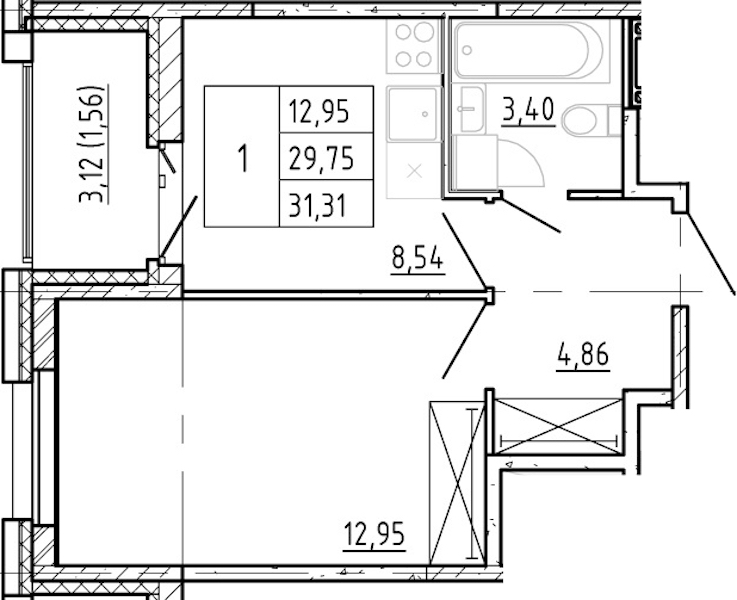 1-комнатная квартира 29.75 м², 8/12 эт., ЖК «Полис Новоселье»